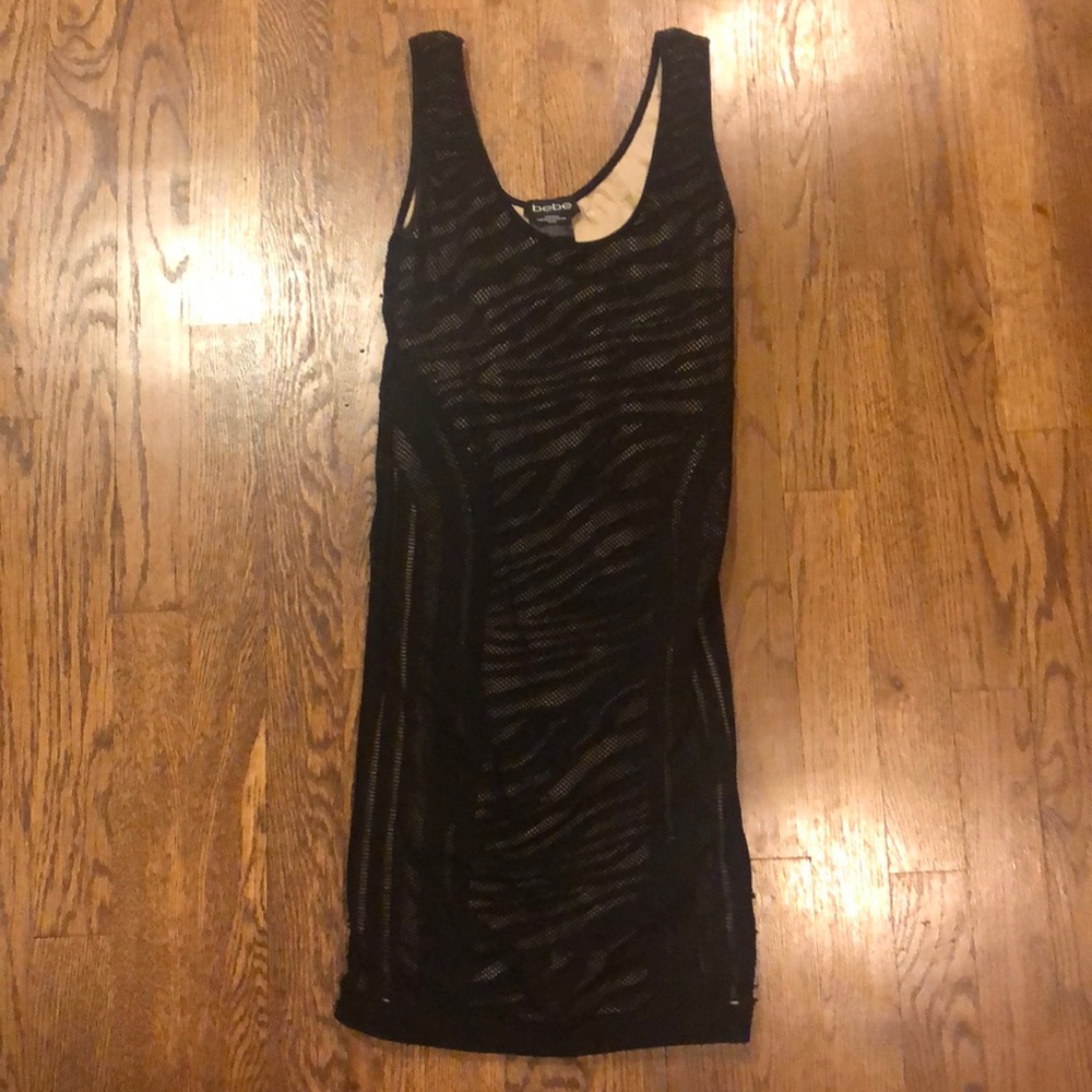 Bebe bodycon black lace nude lined mini dress size small
